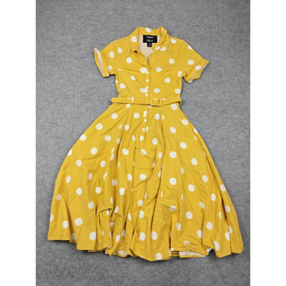 ModCloth X Collectif Dress Womens 2 Yellow Polka Dot Fit & Flare Midi Belted
